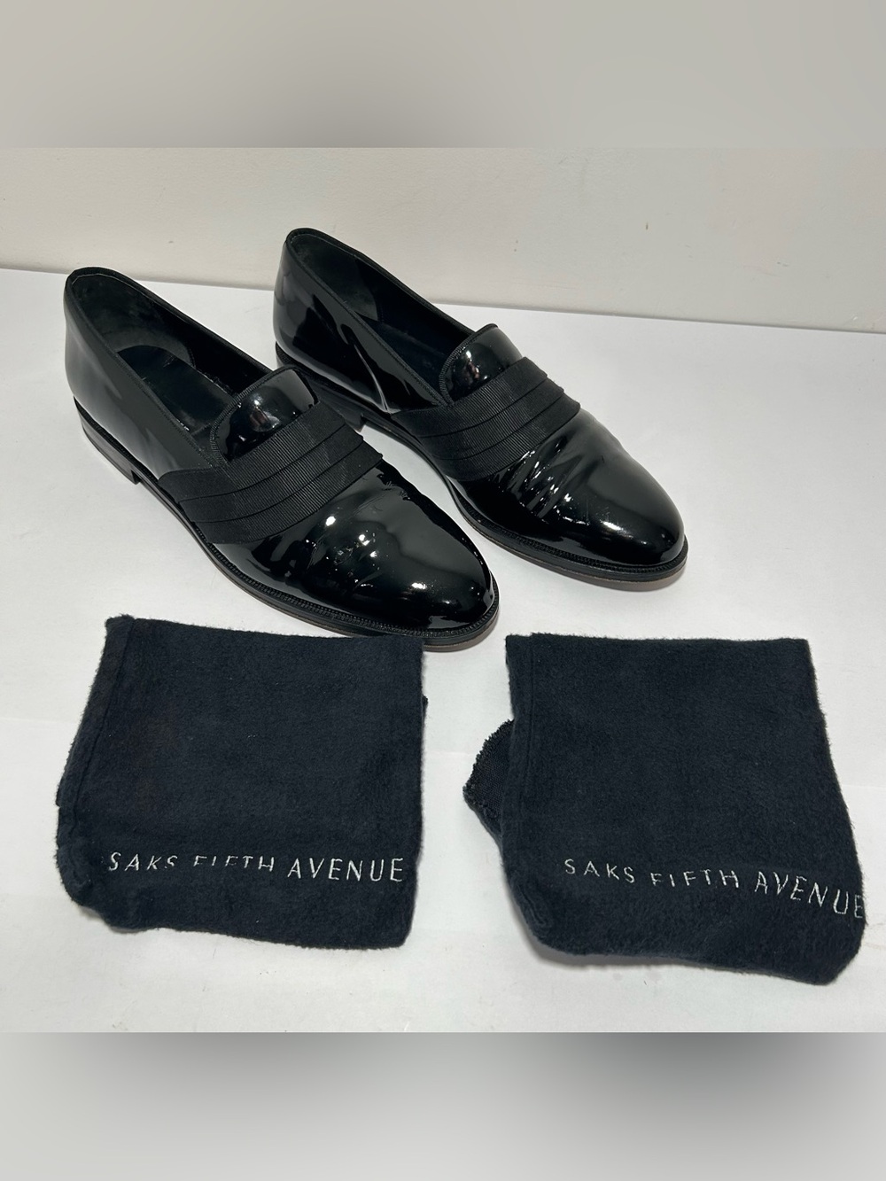 Saks Fifth Ave men’s black Patent Leather with Strap Loafers Dress Shoes 11.5 M